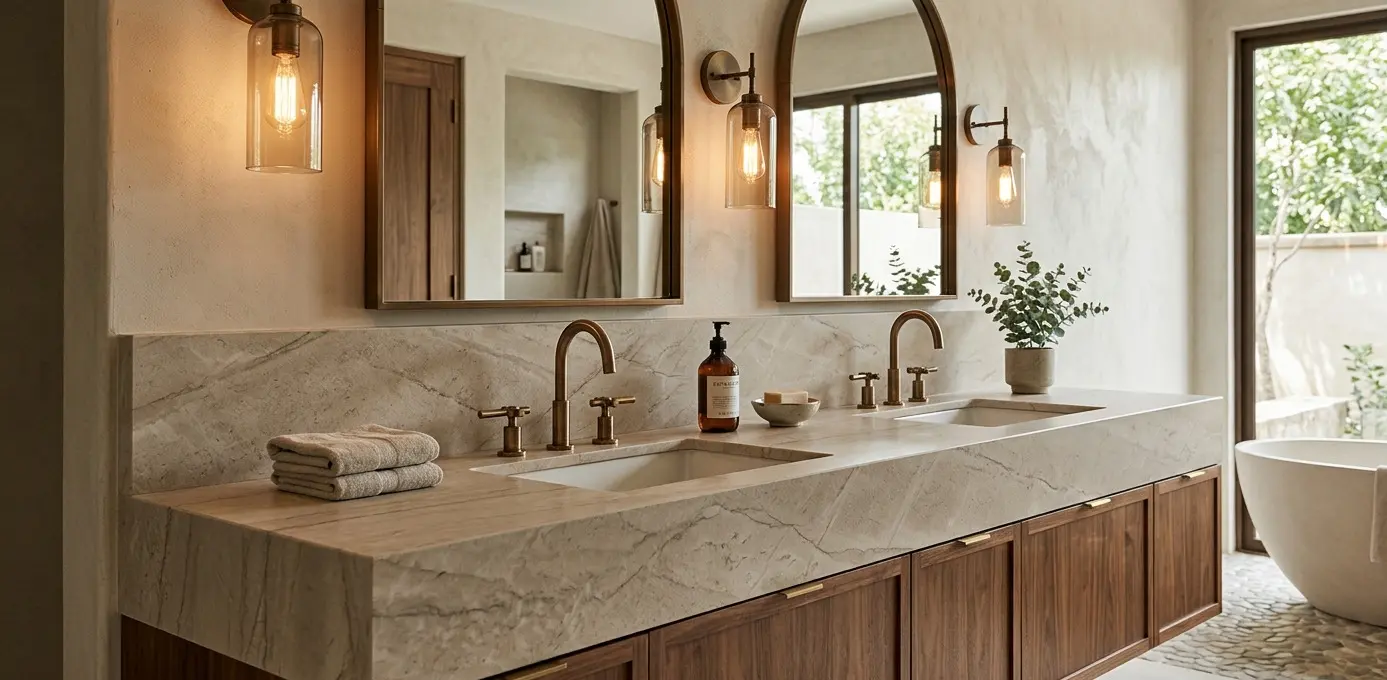Beige Quartzite bathroom vanity countertop with brushed gold hardware in warm spa-style bathroom design
