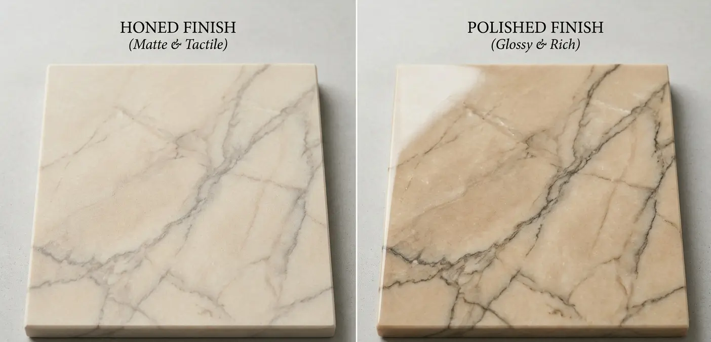 Beige Quartzite honed and polished finish samples showing warm tone and surface character comparison