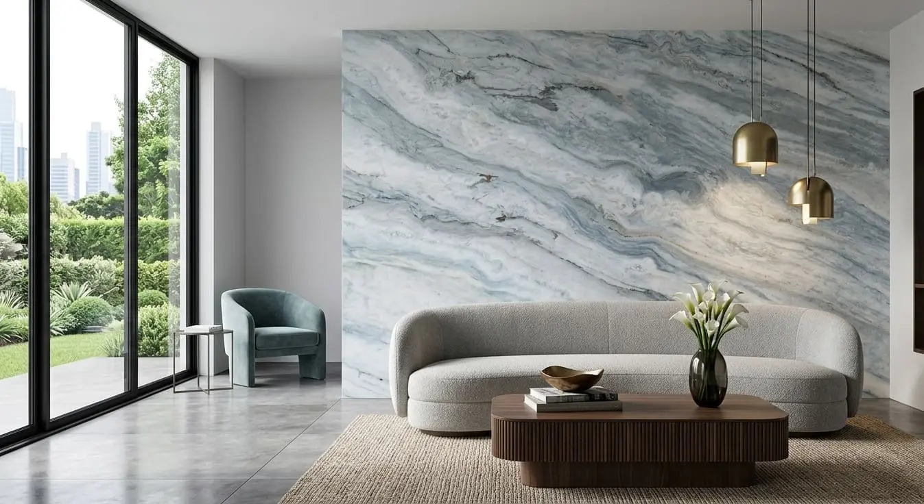 Living area featuring a large Sky Blue quartzite wall