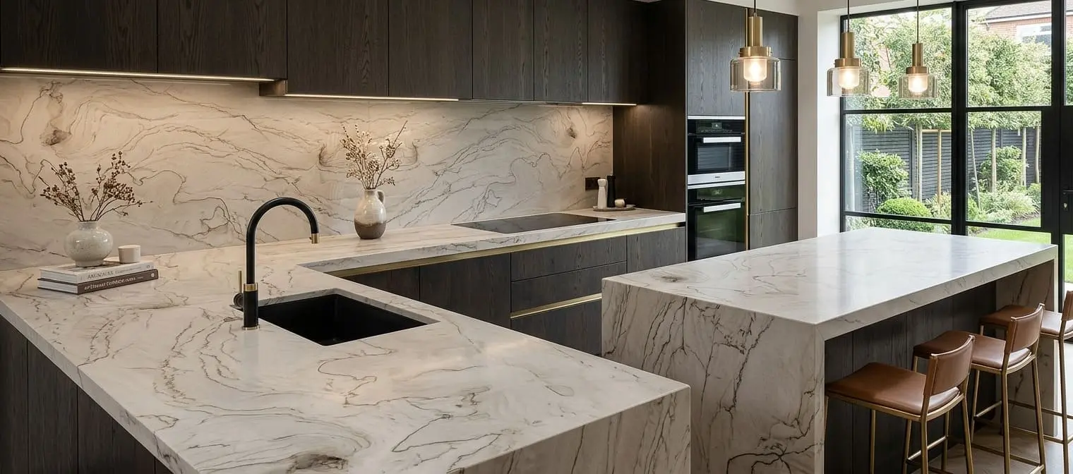 Modern kitchen with Taupe quartzite countertops