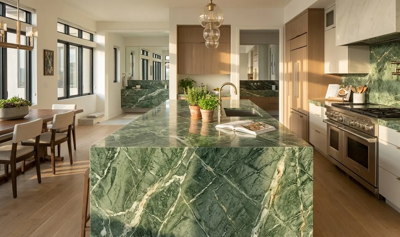 Polished green dolomite natural stone slab with rare veining for kitchen countertop