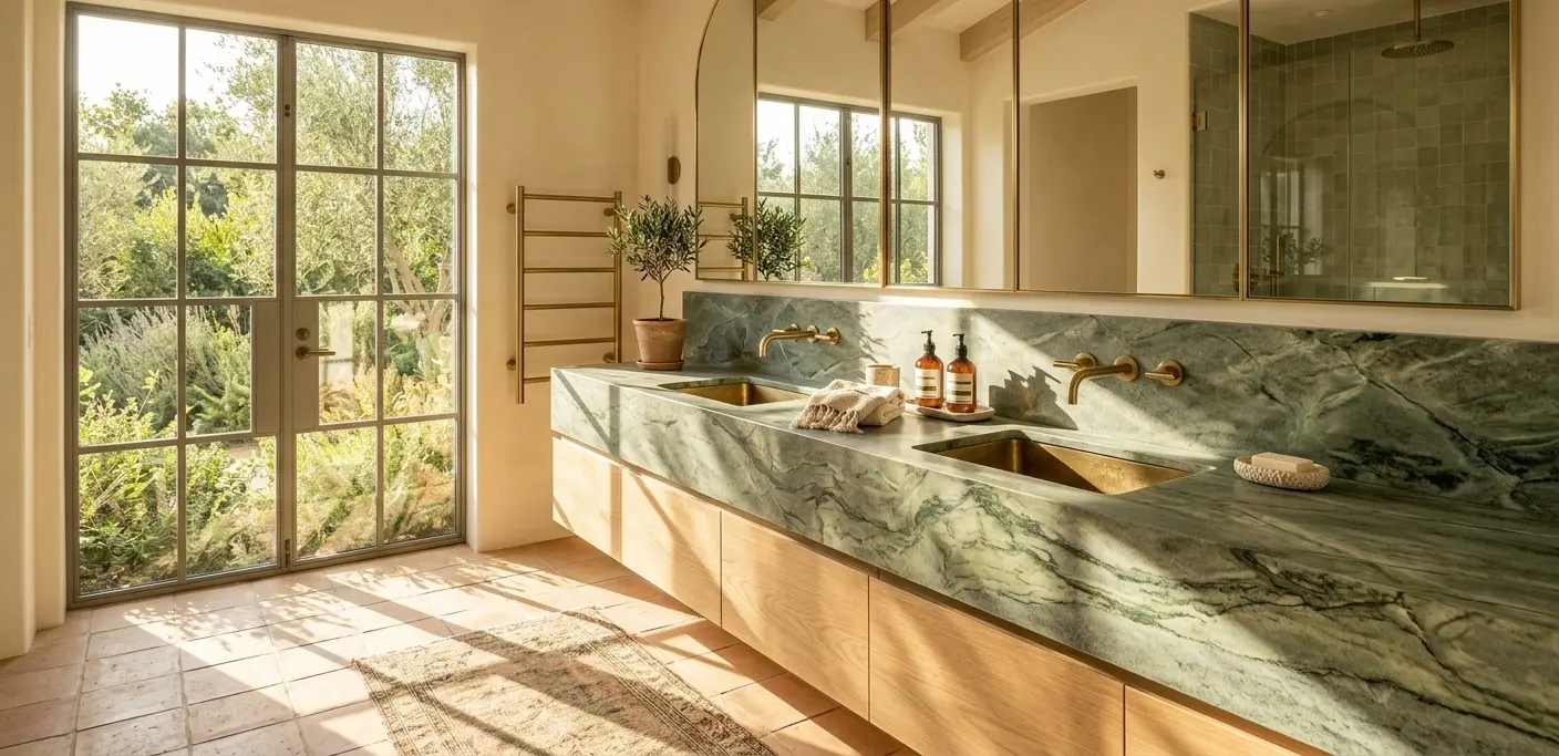 Honed green dolomite slab surface in sage and forest tones