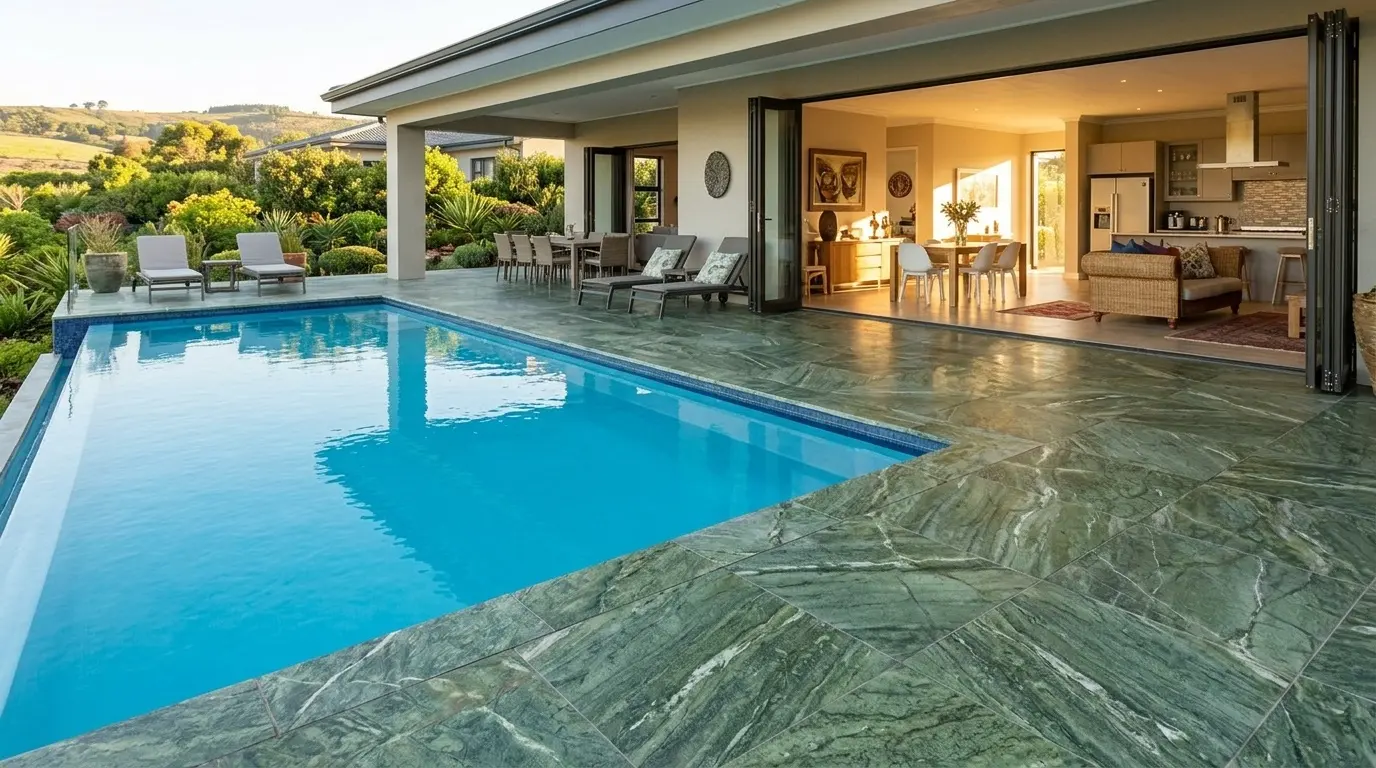 Green dolomite natural stone slabs laid on outdoor pool deck