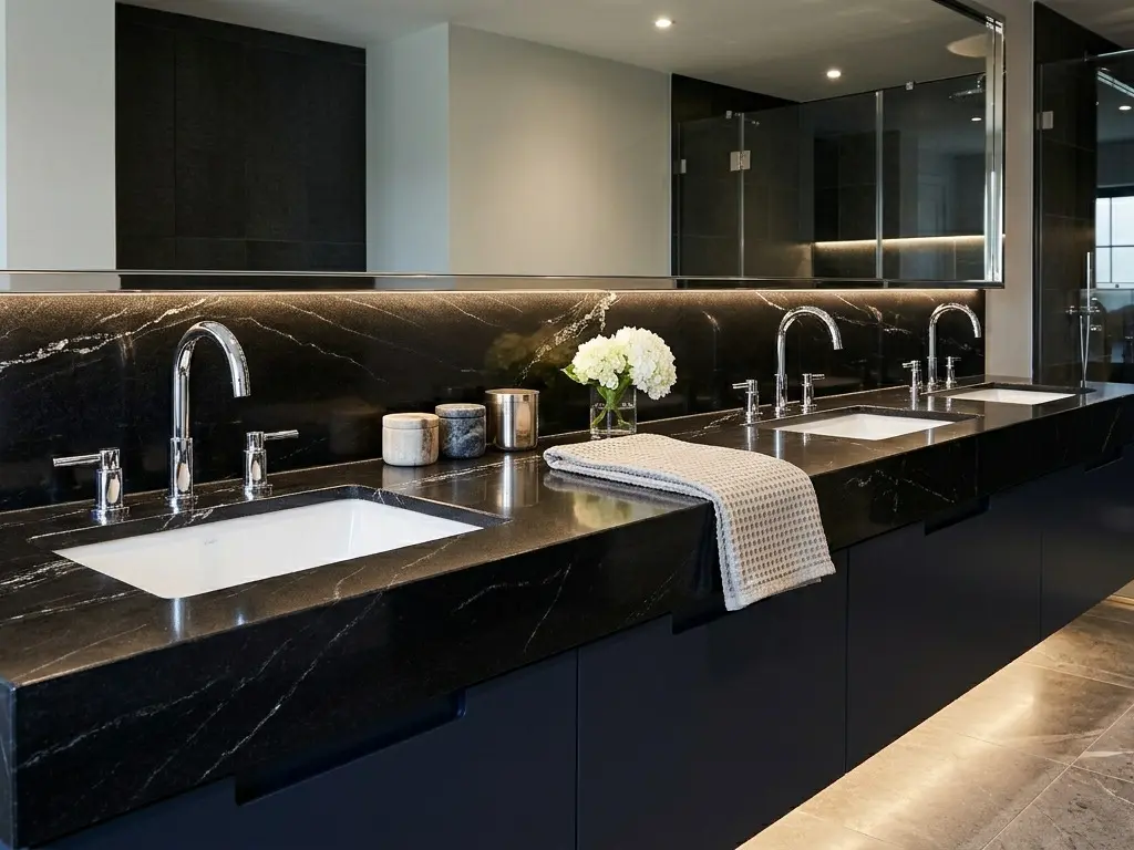 Black Quartzite bathroom vanity with chrome fixtures and navy floating vanity cabinet