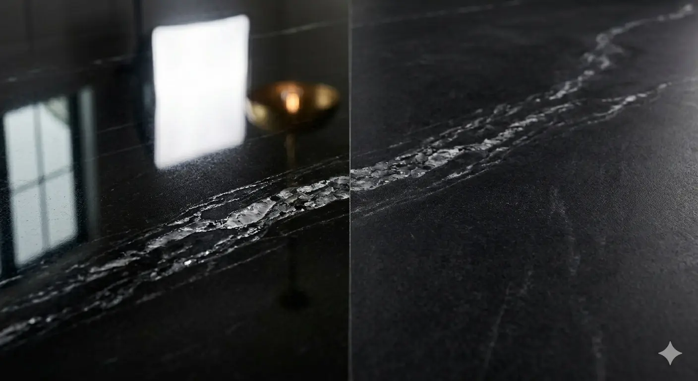 Black Quartzite slab close-up showing polished and honed finish comparison in detail