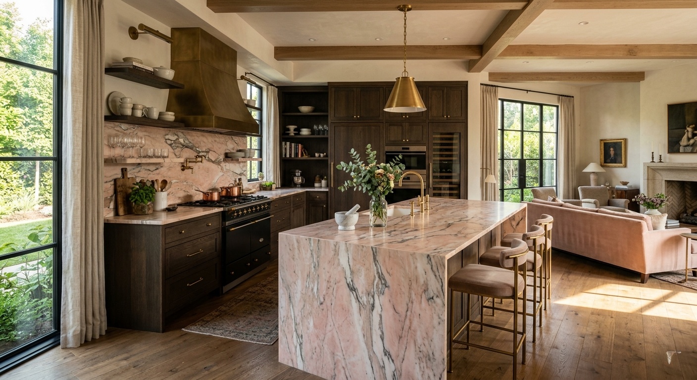 Luxurious living Kitchen island with pink dolomite