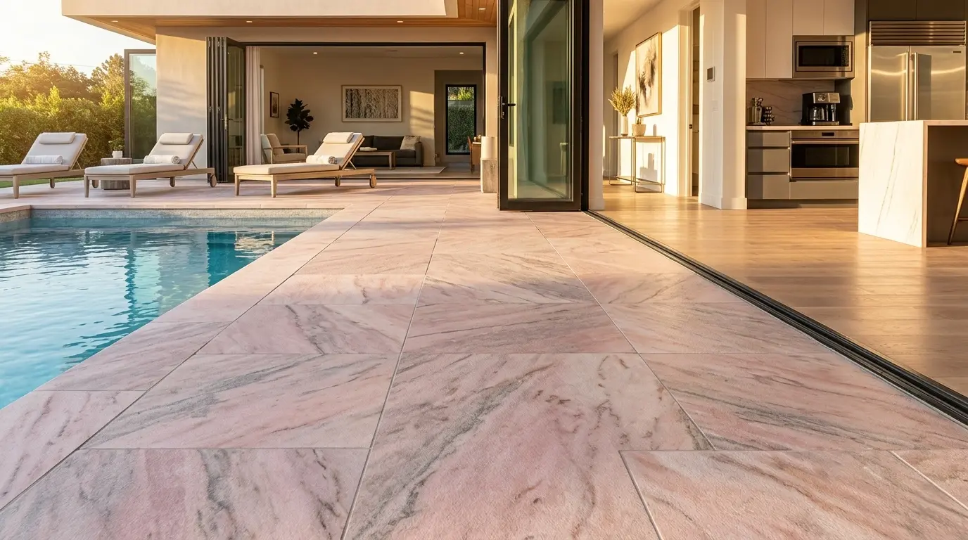 Leathered pink dolomite close-up texture detail for outdoor pool deck and patio