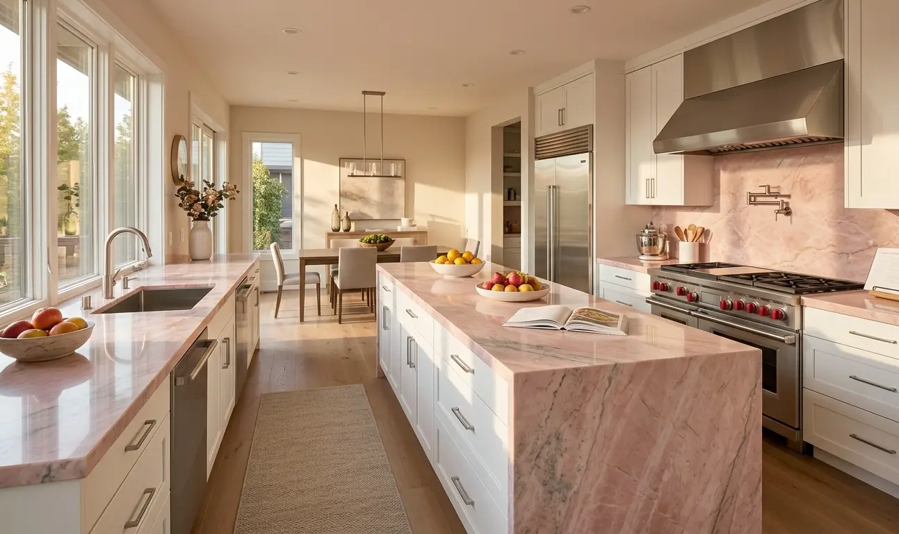 Pink dolomite polished natural stone slab with blush tones and subtle grey veining