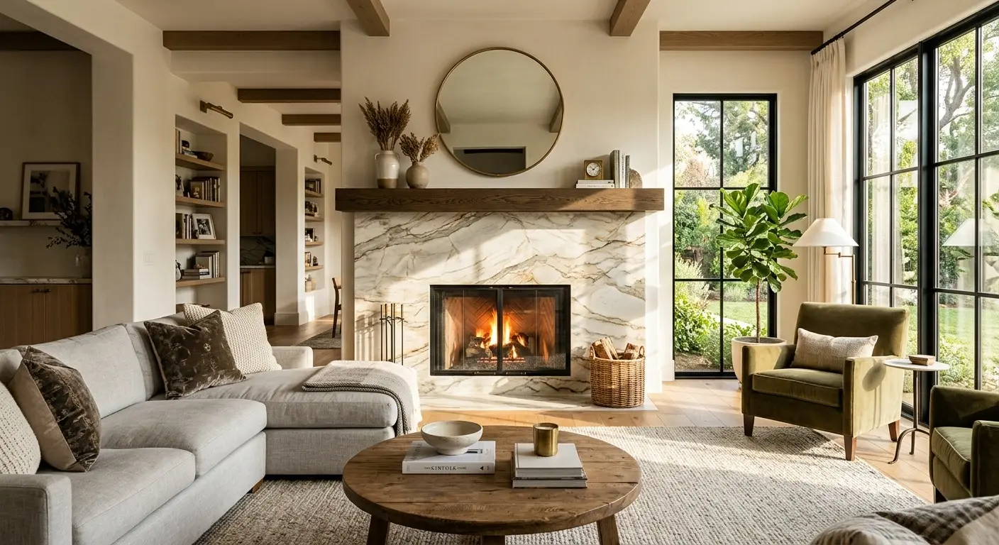 Quartzite stone slab fireplace surround in a bright living room