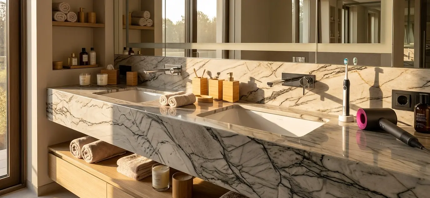 Quartzite stone slab bathroom vanity