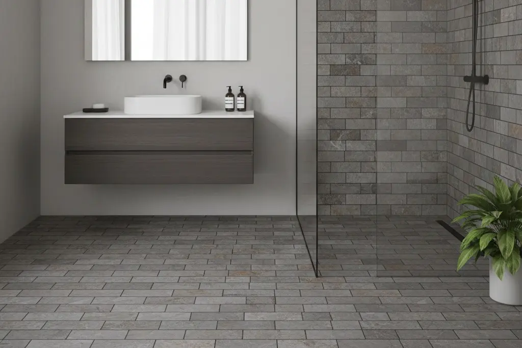 Gray natural stone subway tile shower and floor in a modern bathroom