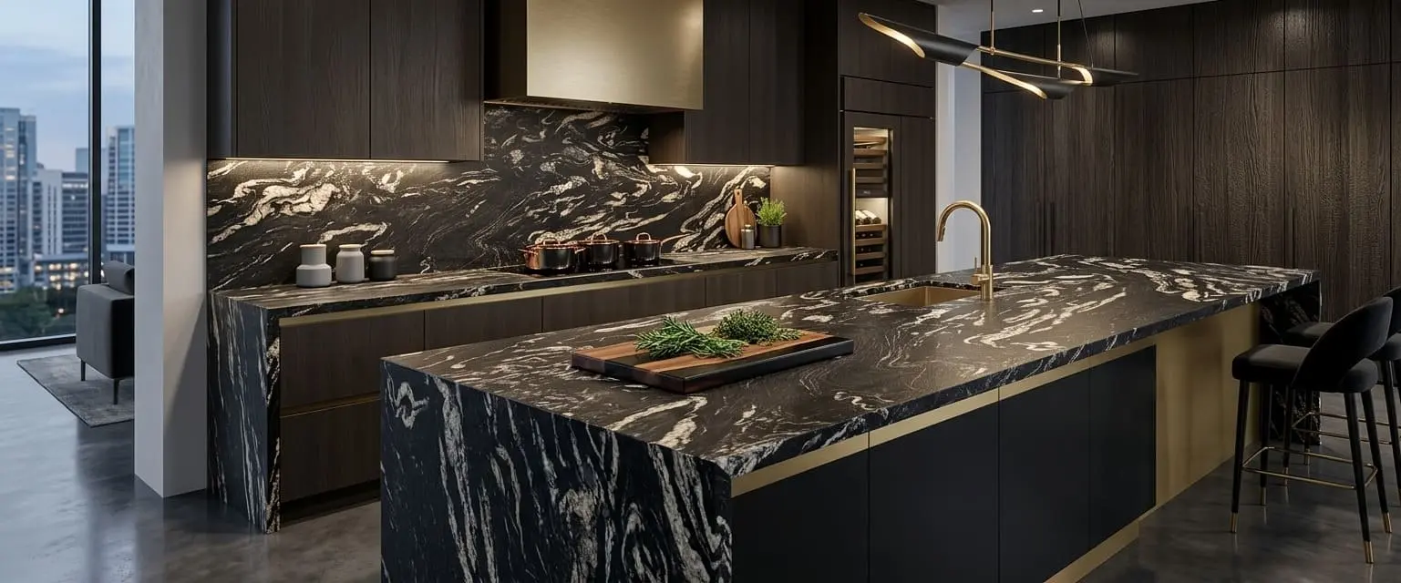 Kitchen featuring countertops and island made from leathered titanium granite