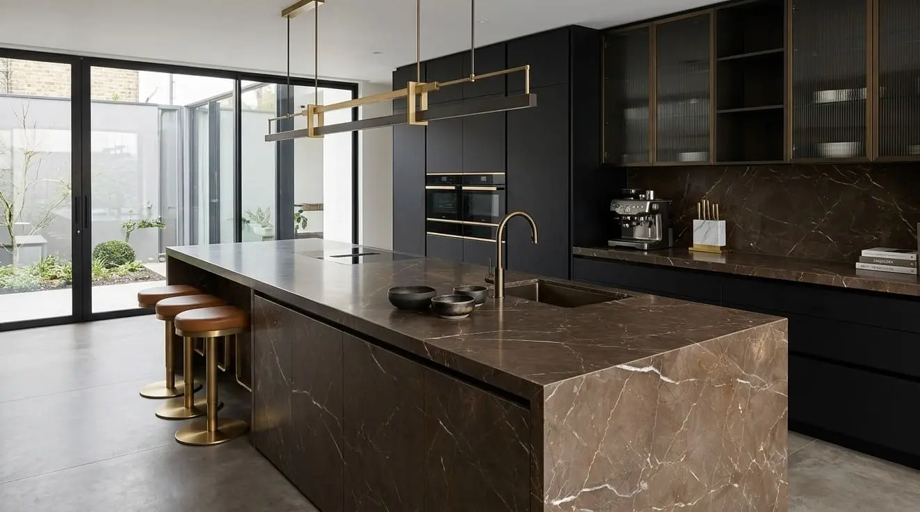 Modern kitchen featuring elegant walnut brown marble countertop