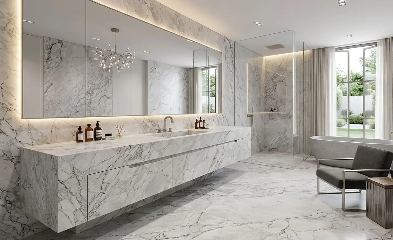 Modern bathroom with white dolomite on the floating vanity, walls, and floor