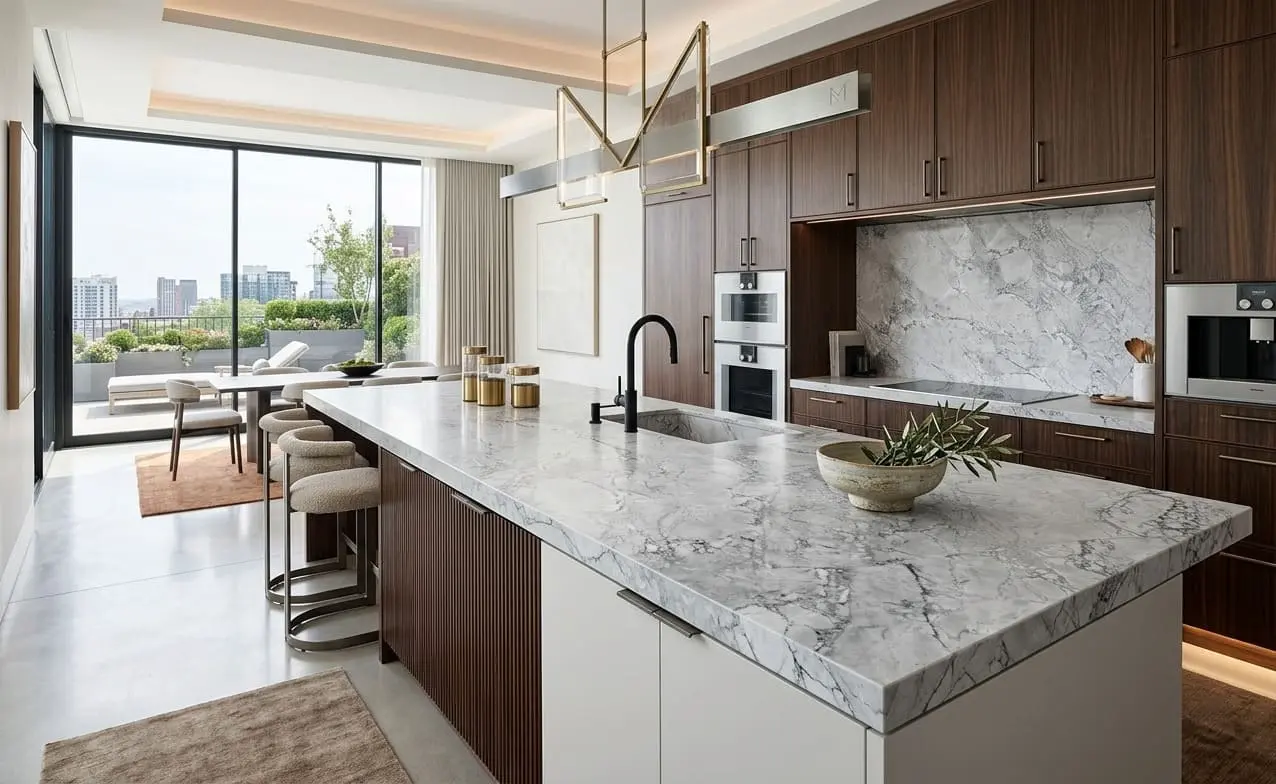 Modern kitchen with white dolomite countertops and backsplash