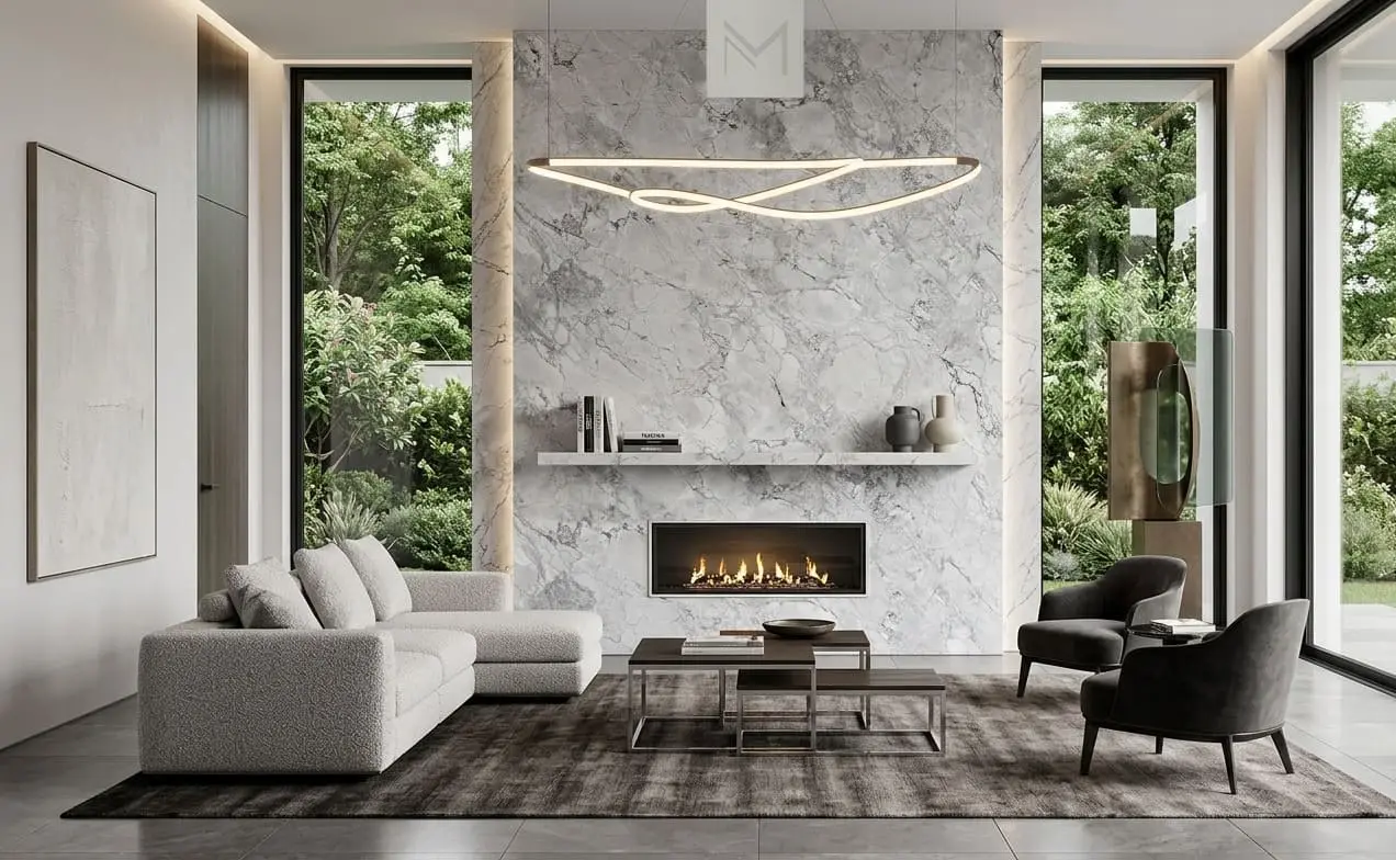 Living room featuring a fireplace with White dolomite stone