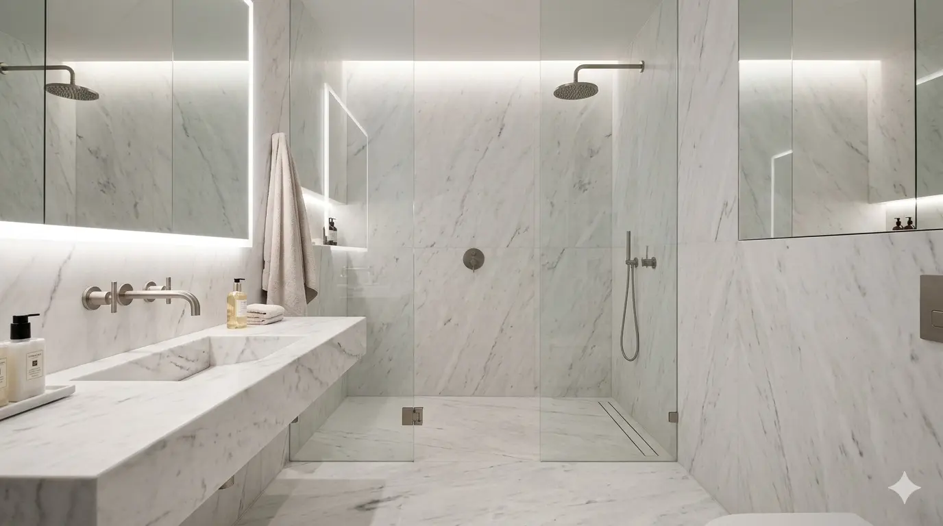 White marble bathroom vanity top and wall cladding with integrated sink, brushed steel fixtures, and walk-in shower