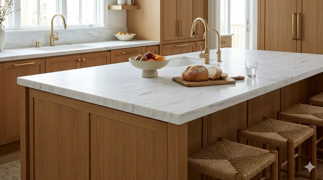 White marble kitchen island countertop with natural grey veining paired with warm oak cabinetry and brass fixtures