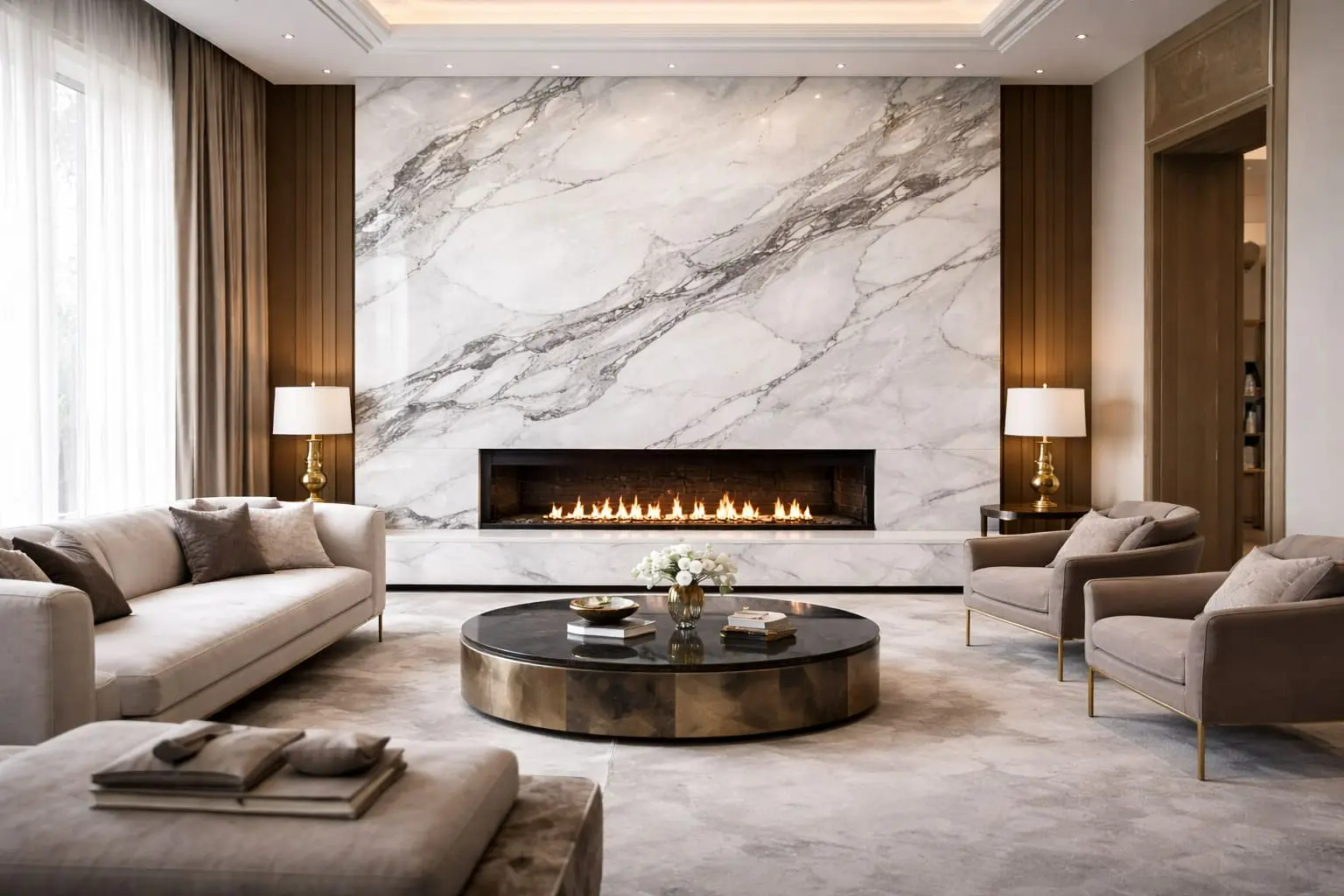 White marble fireplace surround with bold grey veining in a luxury living room with neutral furnishings and gold accents