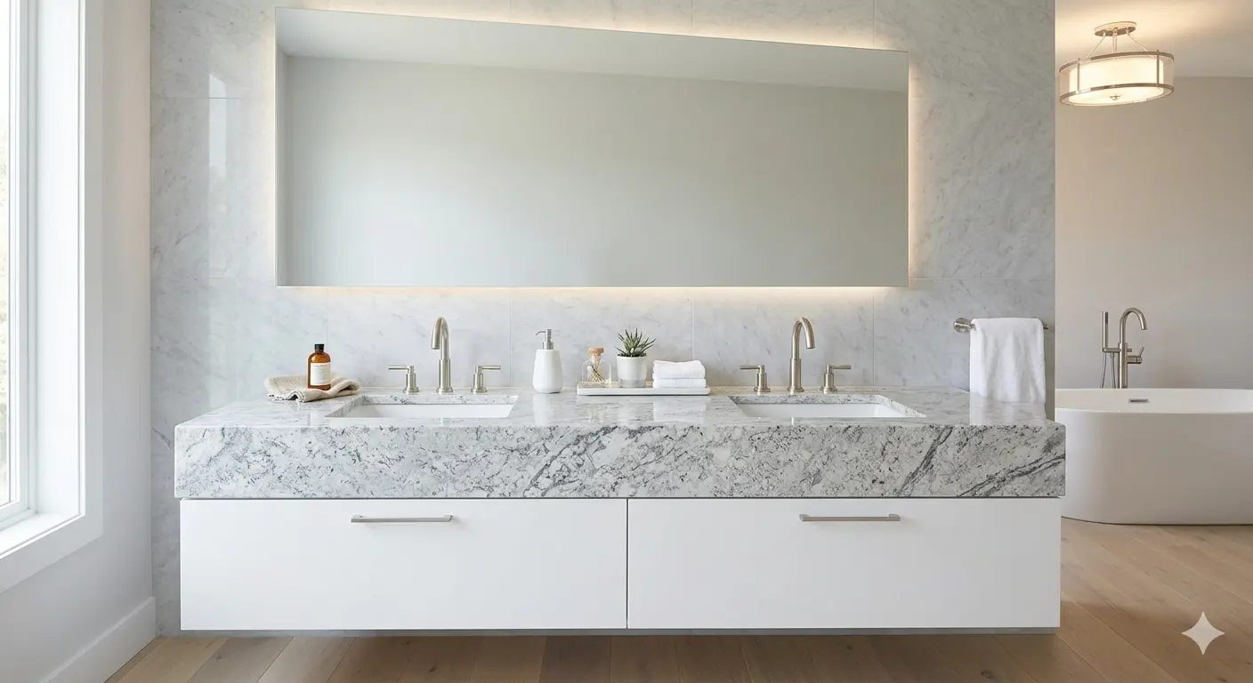 White granite double vanity top with grey veining on a floating white cabinet with brushed nickel fixtures