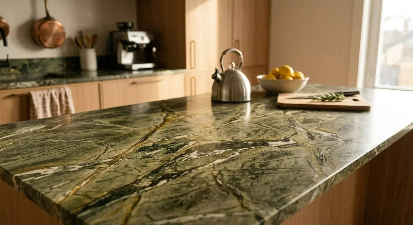 Green granite kitchen island countertop with gold veining paired with light wood cabinetry and copper accents