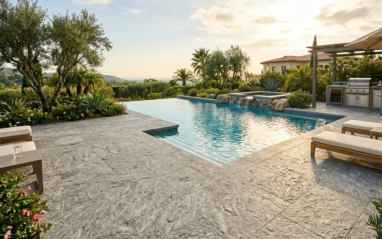 Grey granite pool deck pavers surrounding an outdoor swimming pool with spa, teak loungers, and lush garden landscaping