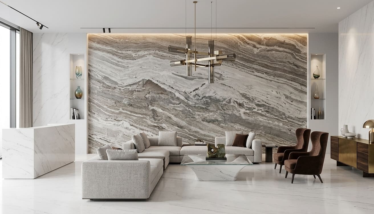 Modern luxury living room with seamless brown dolomite feature wall