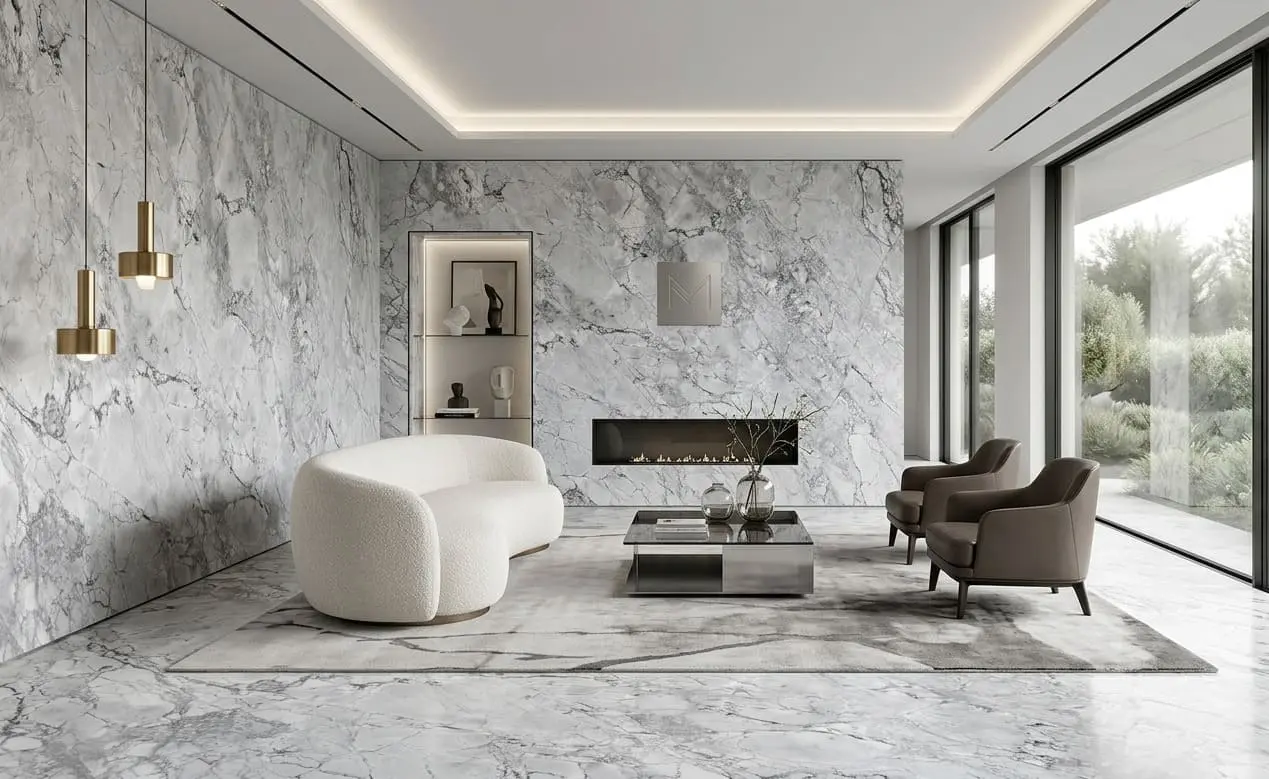 Interior featuring White dolomite walls and floors