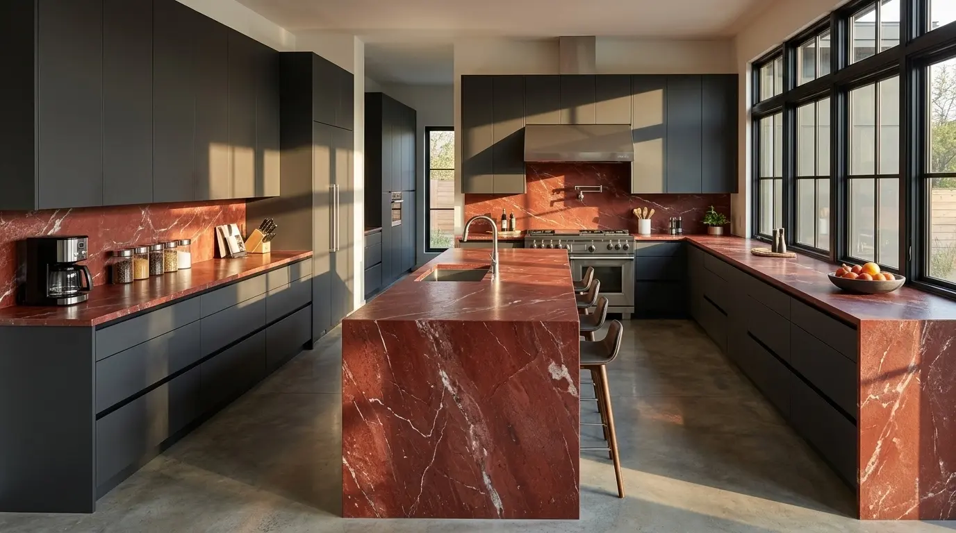 Leathered red dolomite countertop installed in a modern kitchen