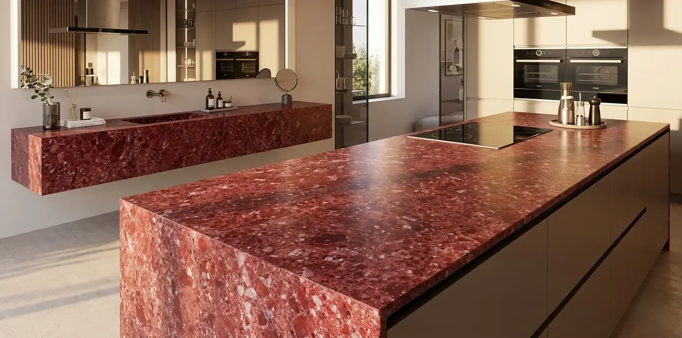 Honed red dolomite slab surface detail showing unique mineral pattern