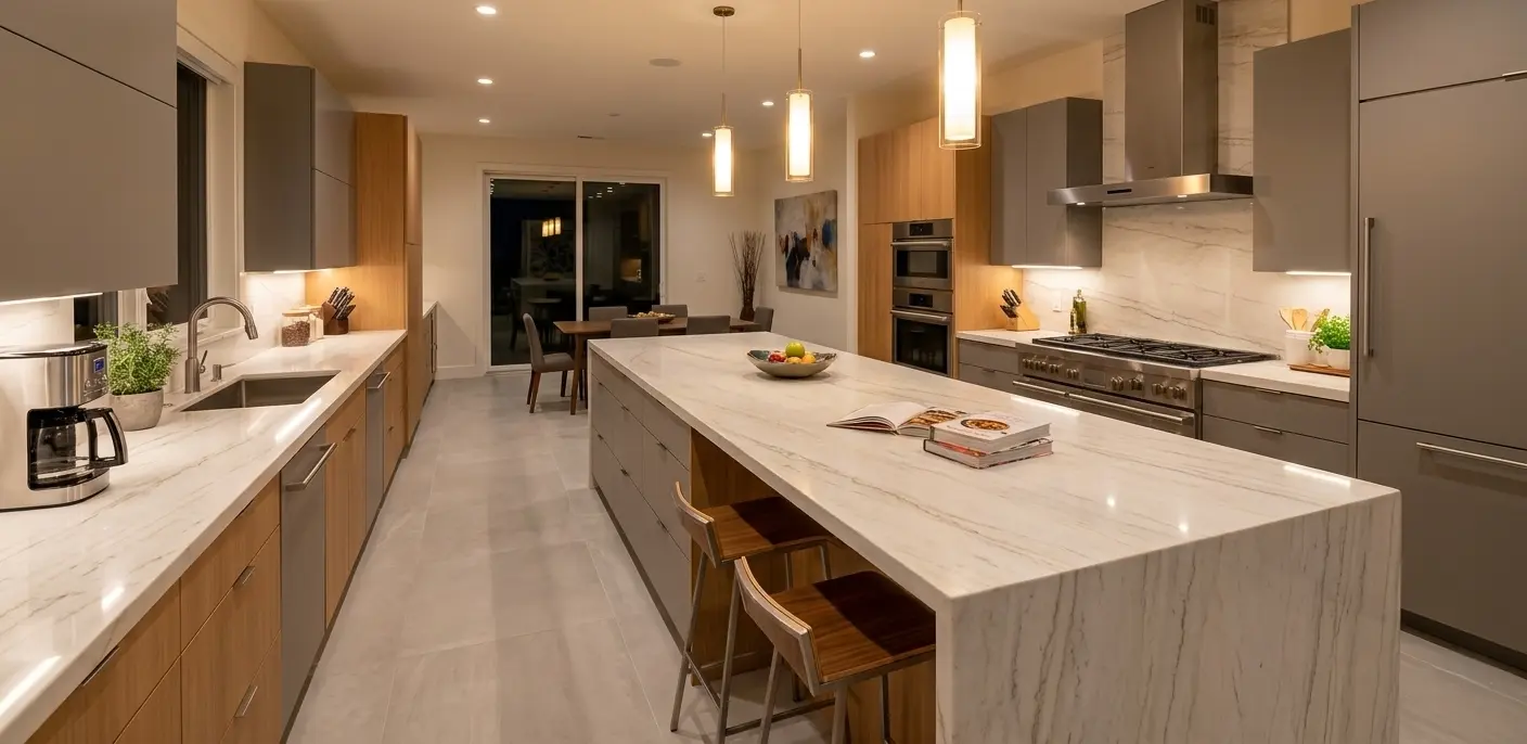 White dolomite natural stone slab countertop in modern kitchen