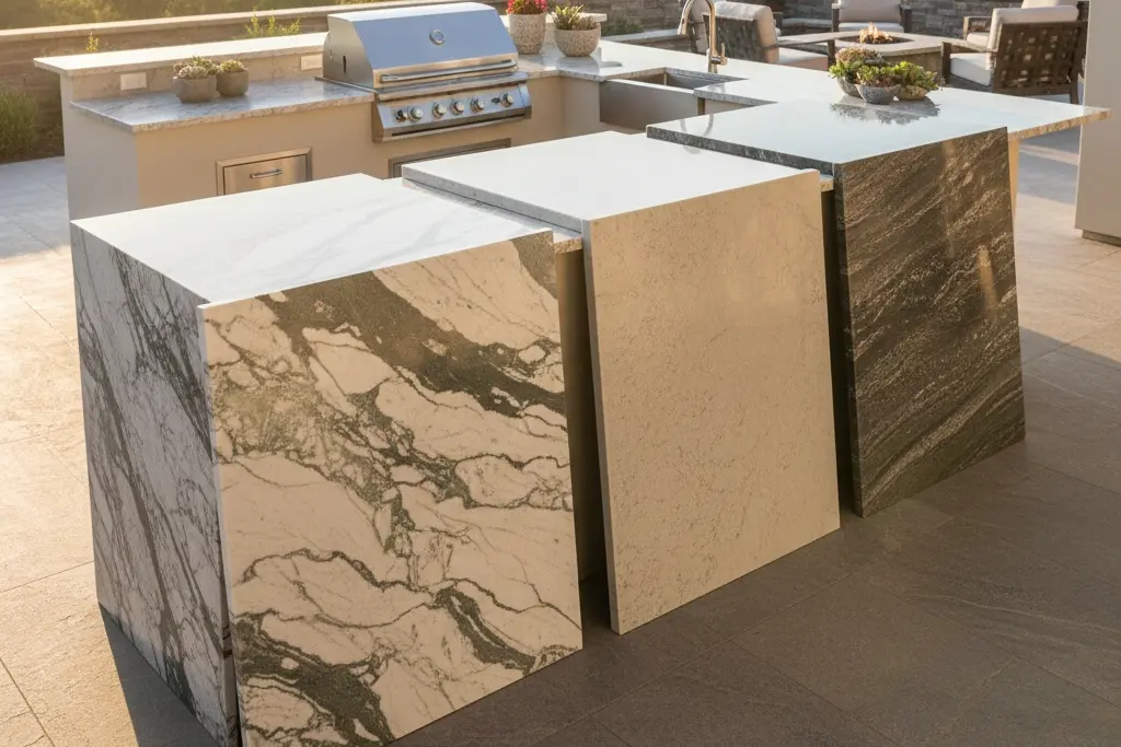 Quartzite slab samples showing polished, honed, and leathered finish