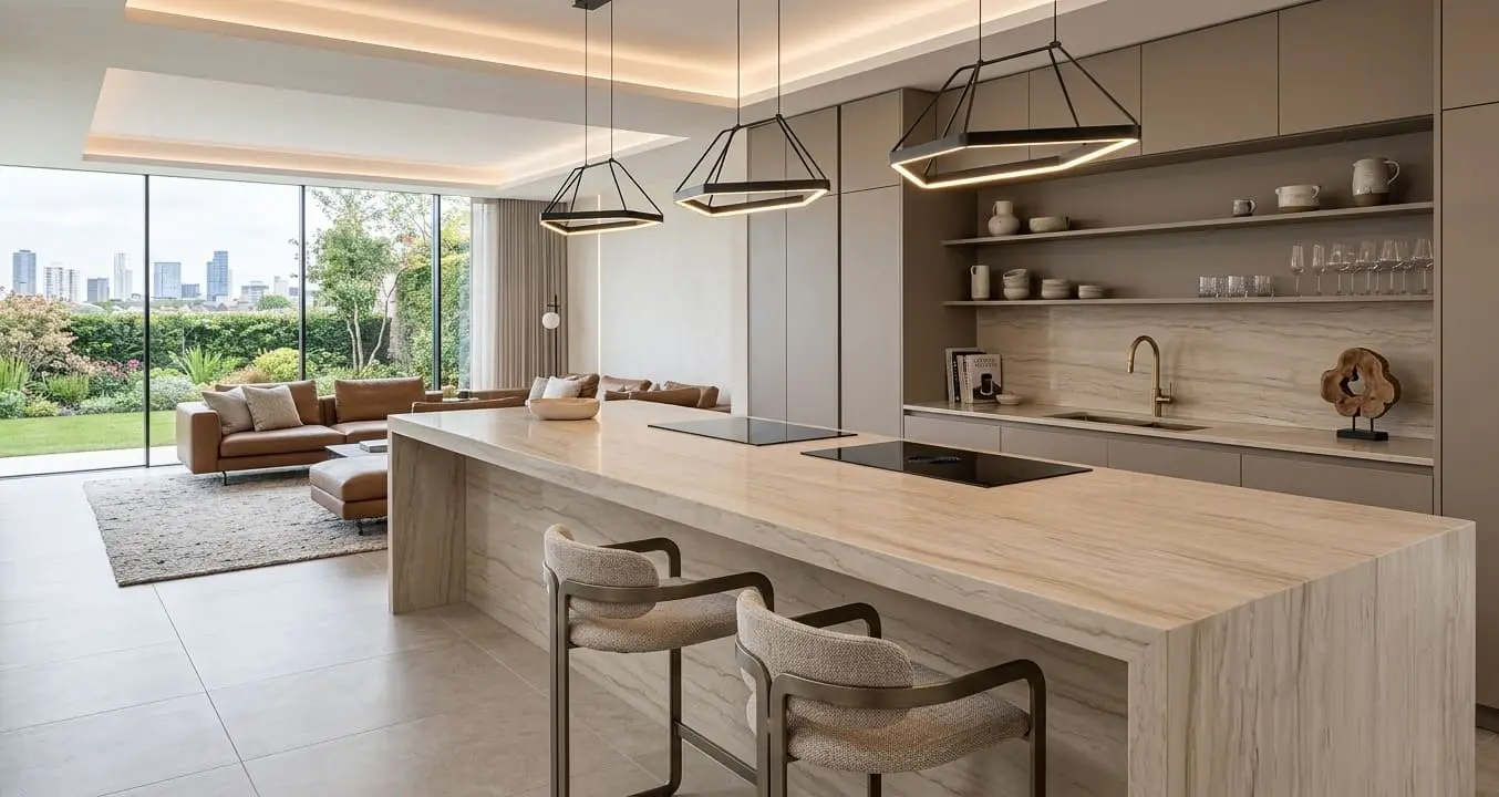Cream quartzite kitchen island
