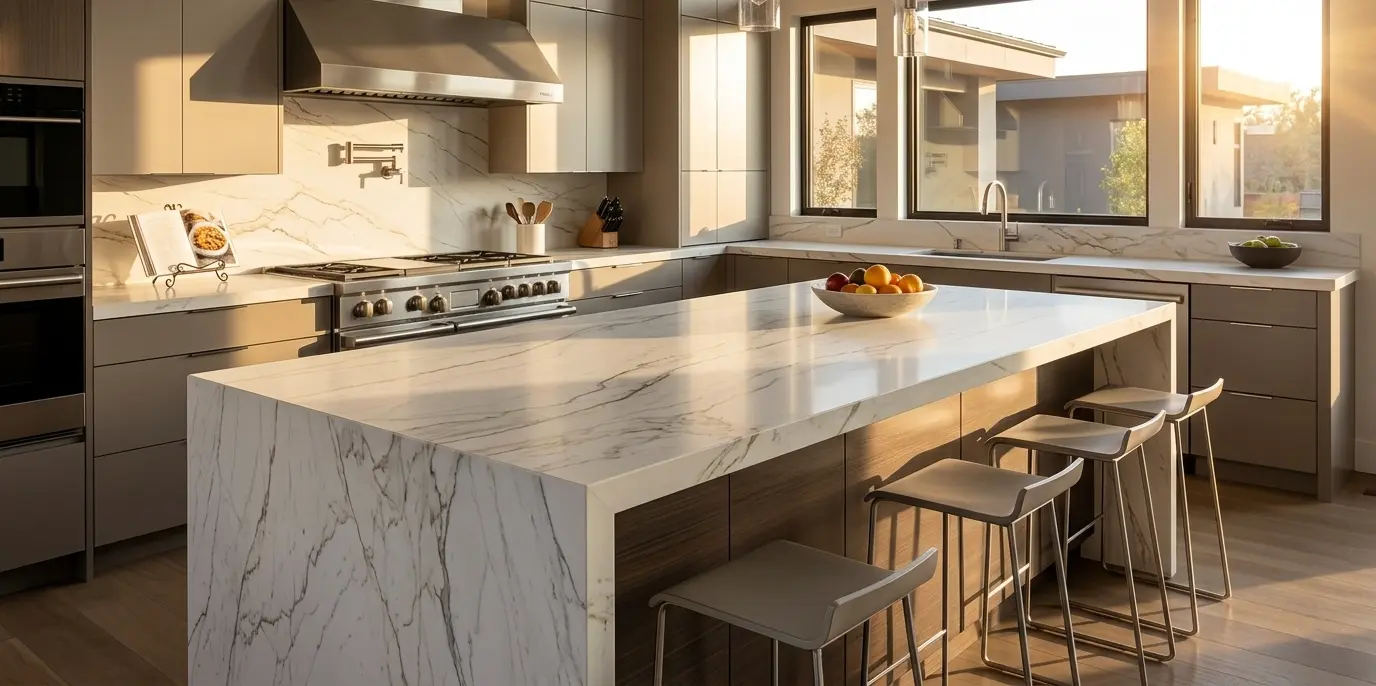 Zermatt quartzite white kitchen island