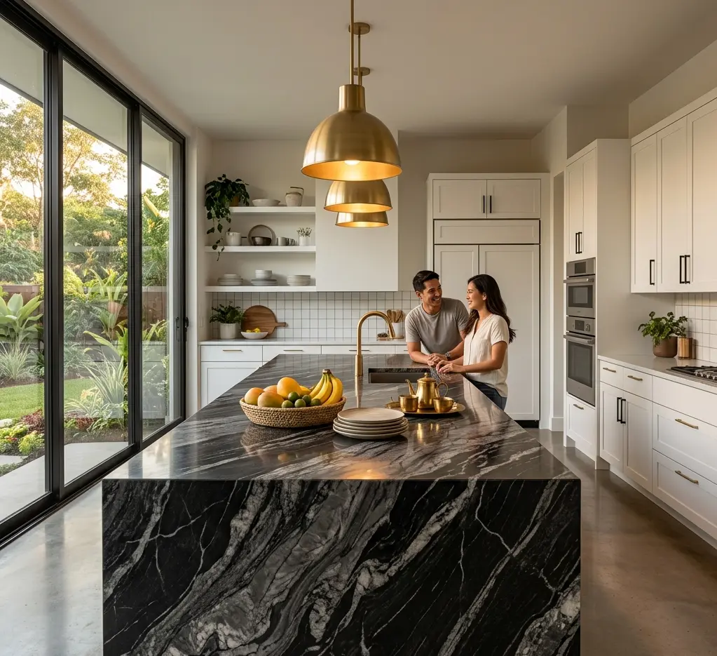 Black and gray marble kitchen island