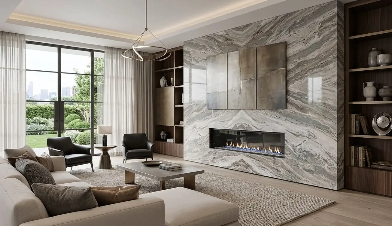 Living room with a large fireplace surround made of brown dolomite stone