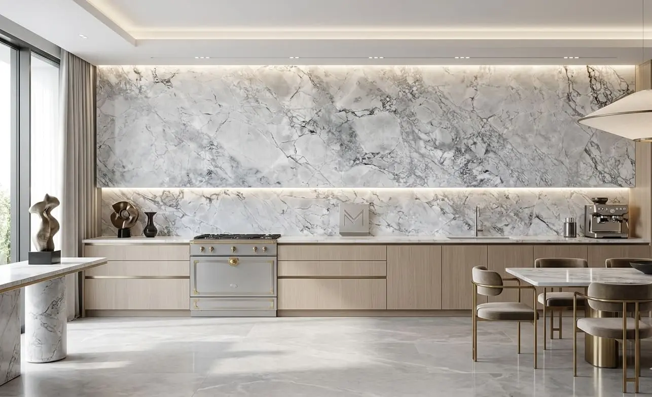 Kitchen featuring White dolomite backsplash and back panel