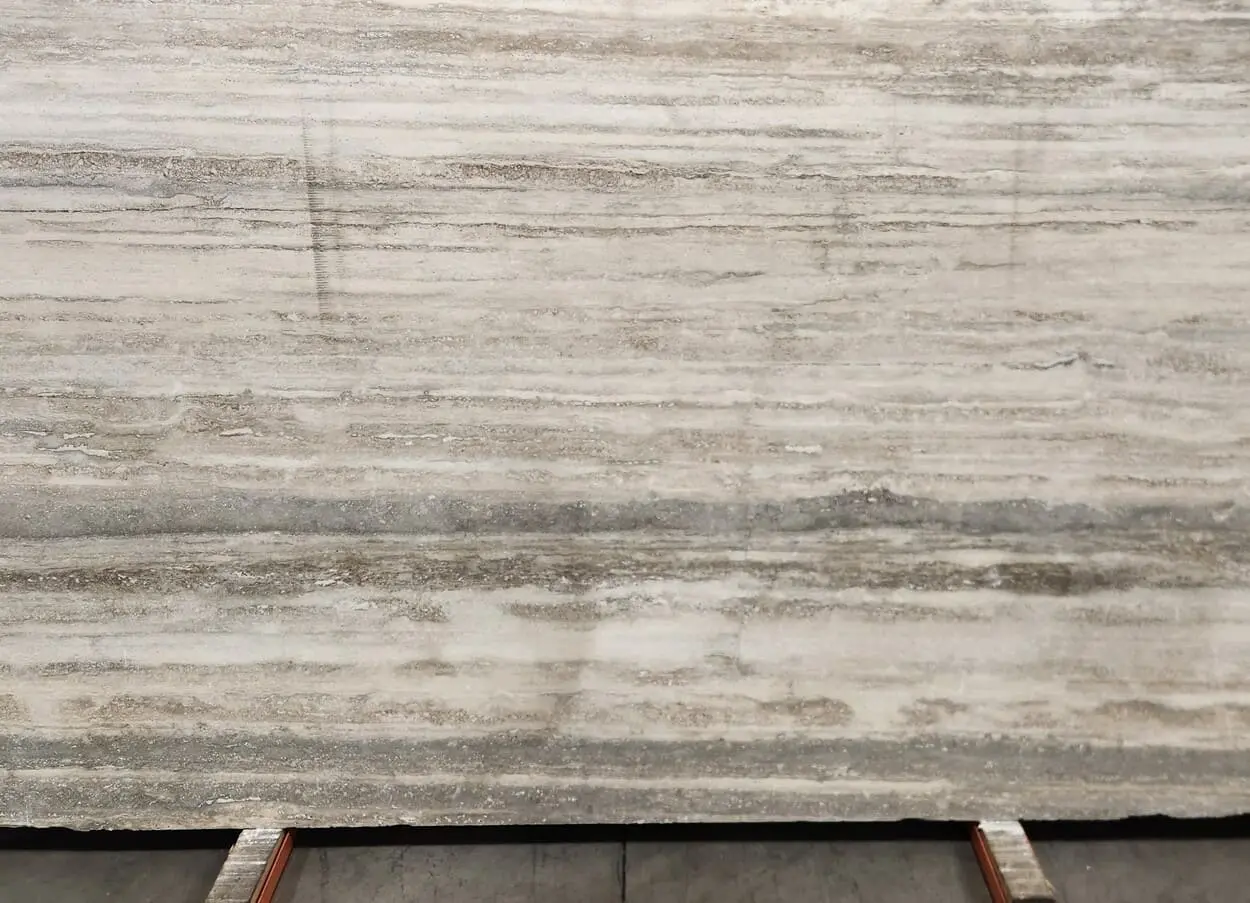 Italian Silver Veincut Travertine Slab Displayed at Nova Tile and Stone Showroom