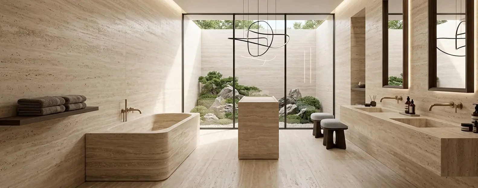 Travertine slab on floor walls and bathroom countertop