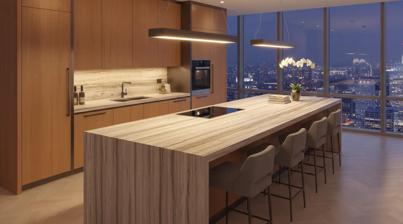 Modern kitchen with travertine countertop
