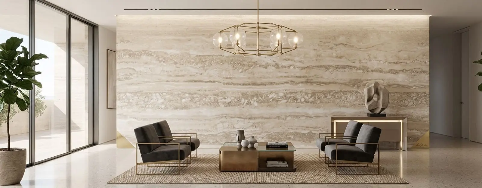 Travertine slab accent wall in living room