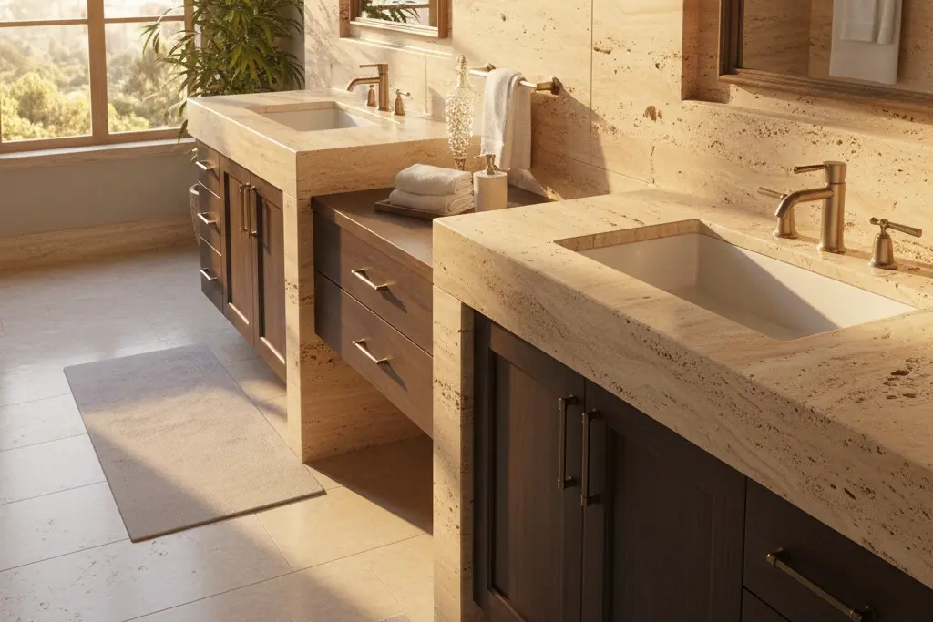 Travertine countertop in modern bathroom