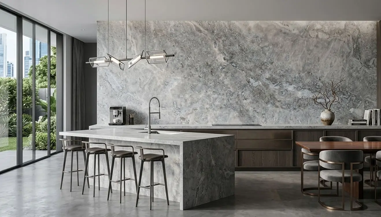 High-end luxury kitchen, featuring seamless wall surface of gray travertine stone