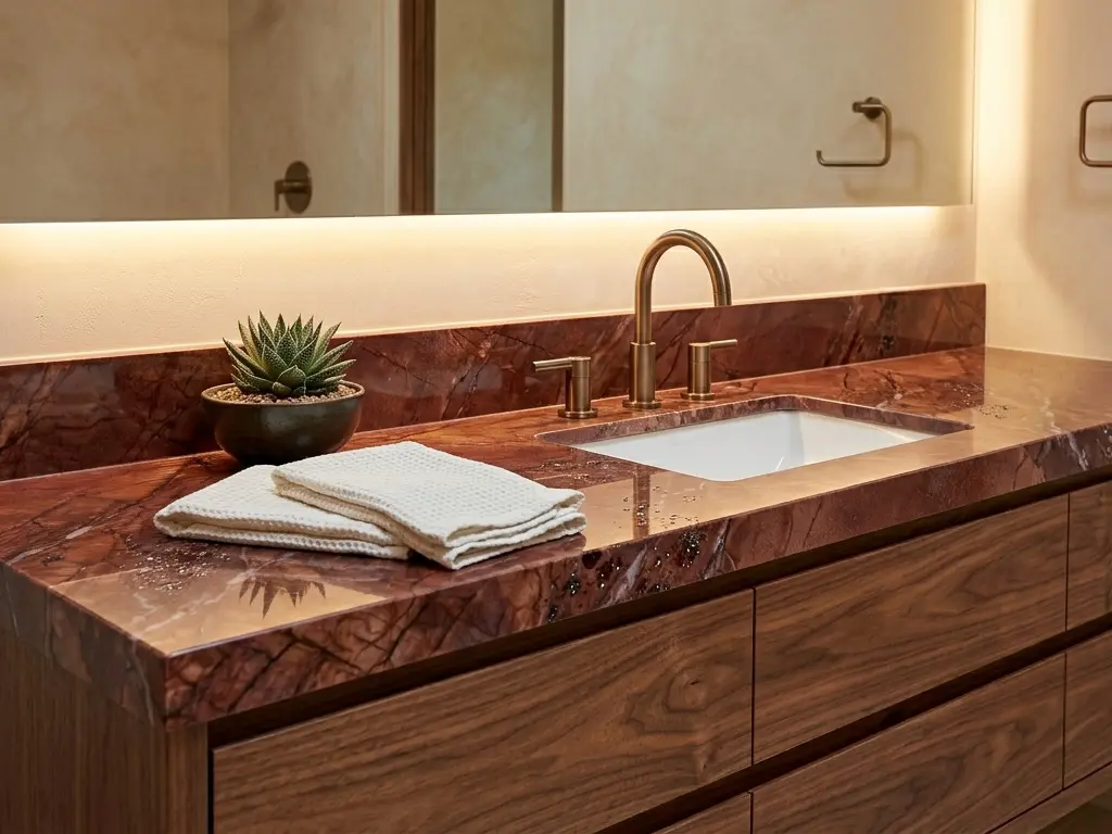 Red Quartzite bathroom vanity with brushed bronze fixtures and warm walnut floating cabinet