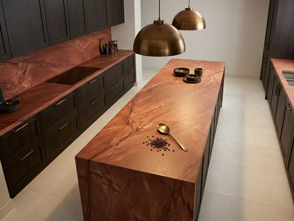 Red Quartzite kitchen island countertop with dark espresso cabinetry and bronze pendant lights