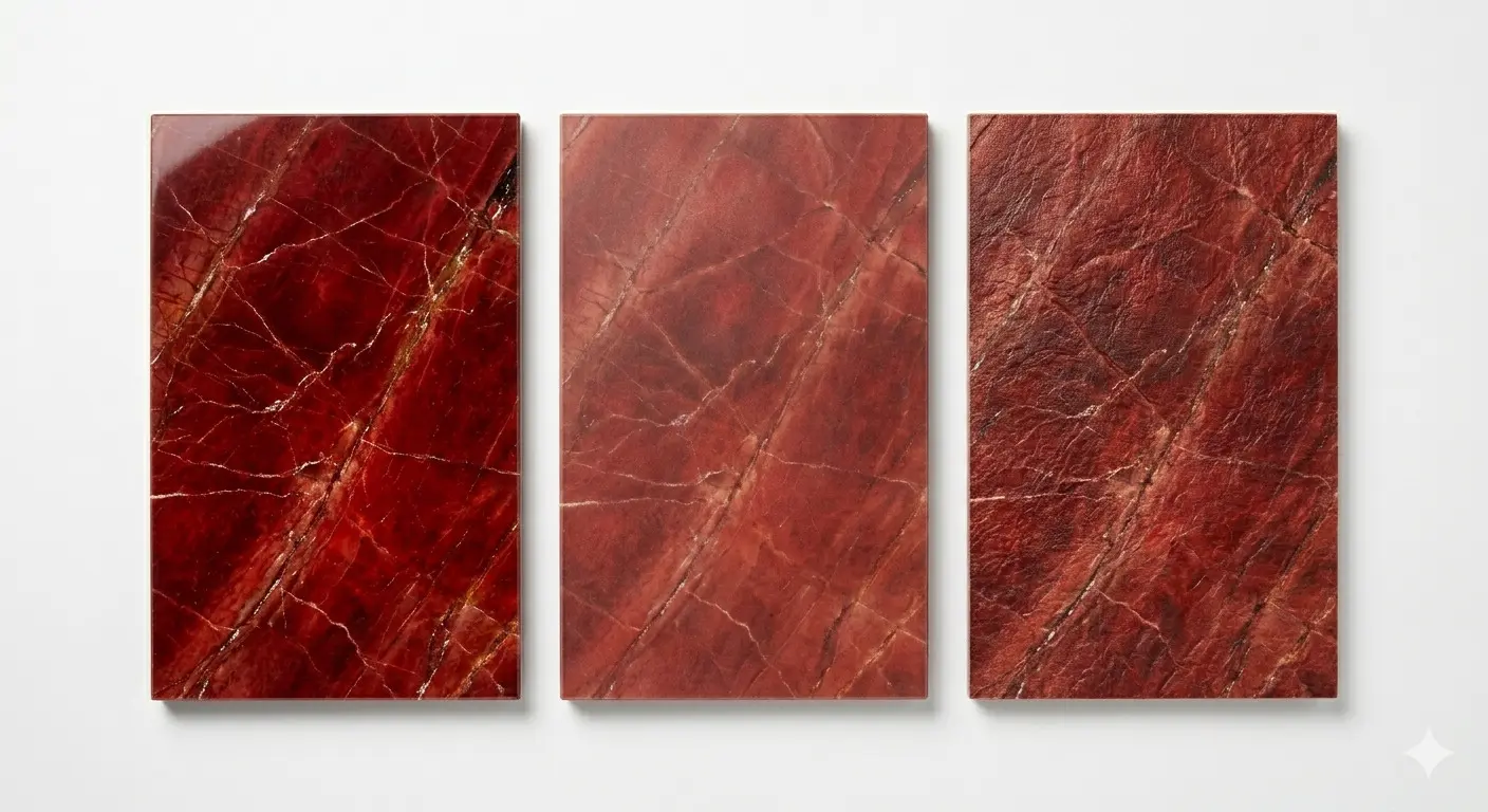 Red Quartzite finish samples polished honed and leathered displayed side by side on white