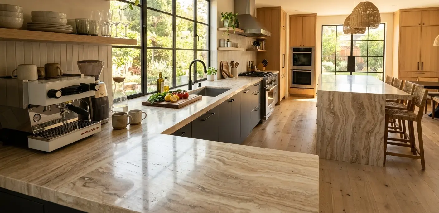 Beige travertine polished slab with warm cream and ivory tones