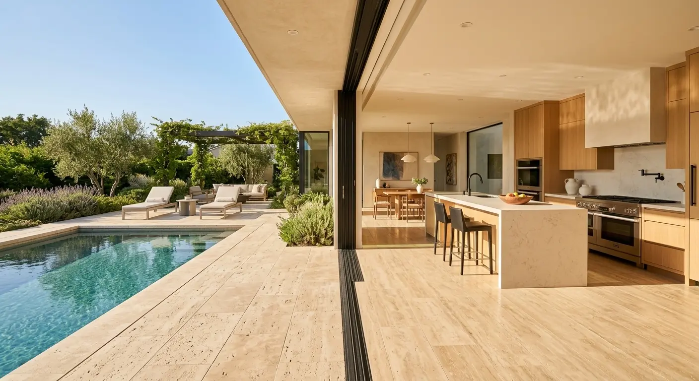 Leathered beige travertine slabs used as outdoor patio and pool deck