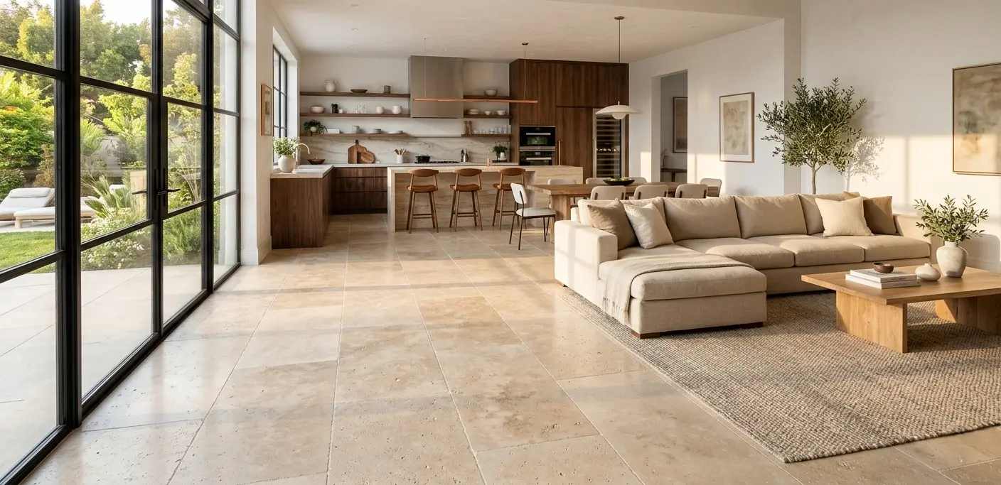 Honed beige travertine slab installed as large-format flooring