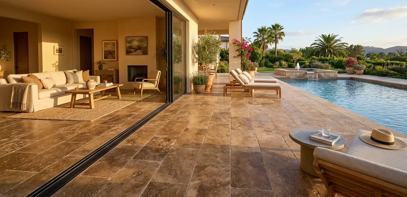 Large-format brown travertine flooring slab in running bond layout